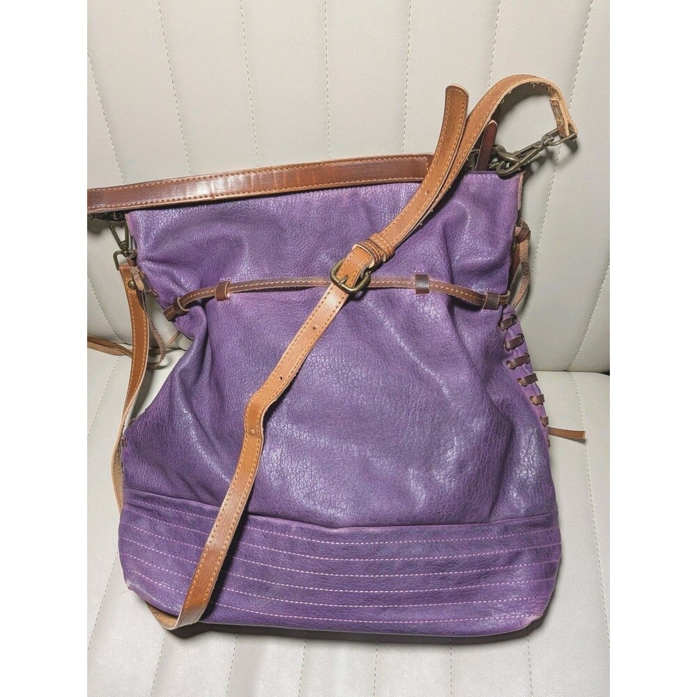 Free People Purse Boho Purple Brown Leather Shoulder Bag Adjus Straps Tassels - Picture 2 of 6